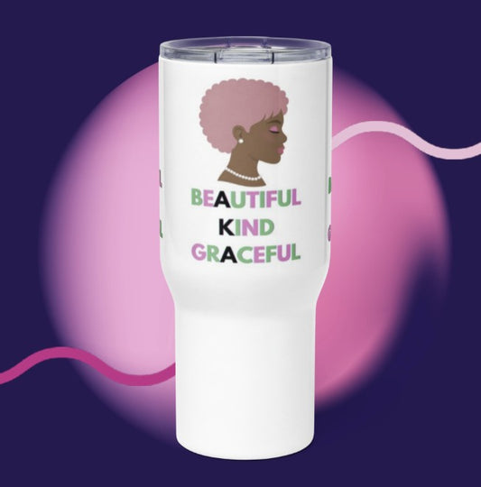 "Beautiful. Kind. Graceful." Stainless Steel Travel Mug with Handle