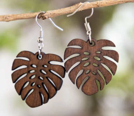 Handcrafted Monstera Leaf Wood Earrings – Natural Bamboo & Dark Walnut Finish
