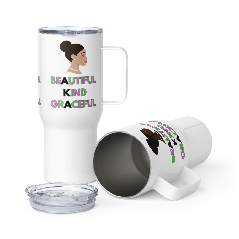 "Beautiful. Kind. Graceful." Stainless Steel Travel Mug with Handle