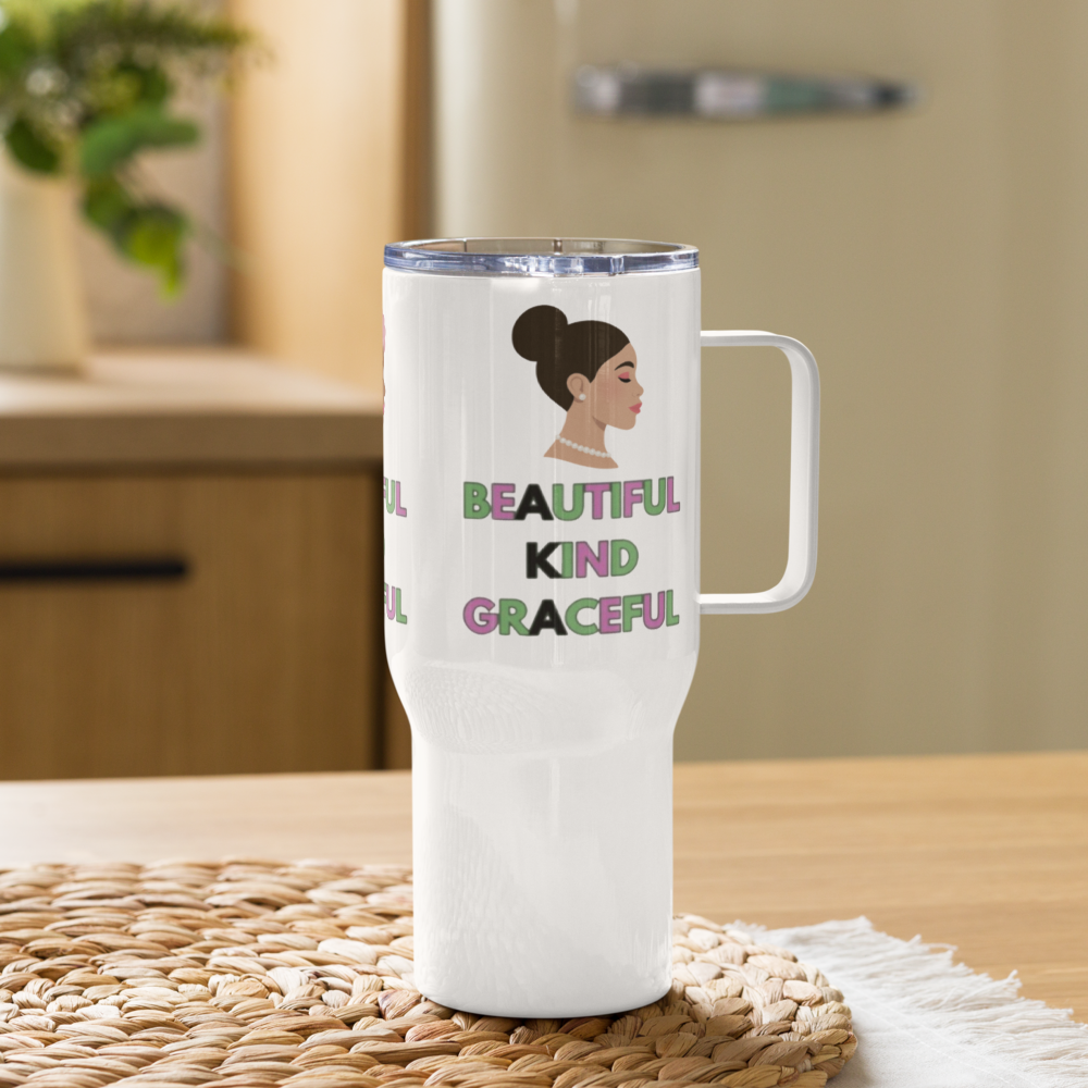"Beautiful. Kind. Graceful." Stainless Steel Travel Mug with Handle