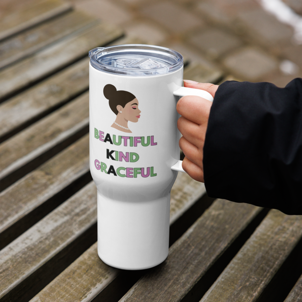 "Beautiful. Kind. Graceful." Stainless Steel Travel Mug with Handle