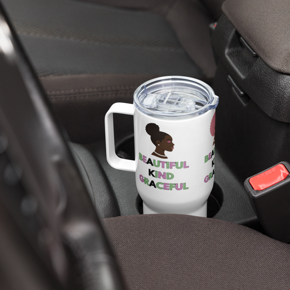 "Beautiful. Kind. Graceful." Stainless Steel Travel Mug with Handle