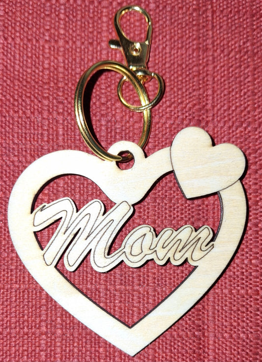 Handcrafted Wooden "Mom" Heart Keychain