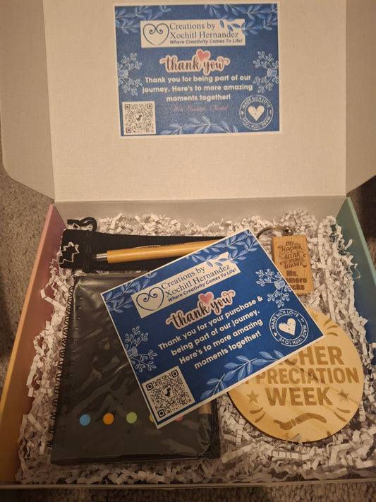Teacher Appreciation Box- Personalized Pen, Notebook, Coaster & Keychain